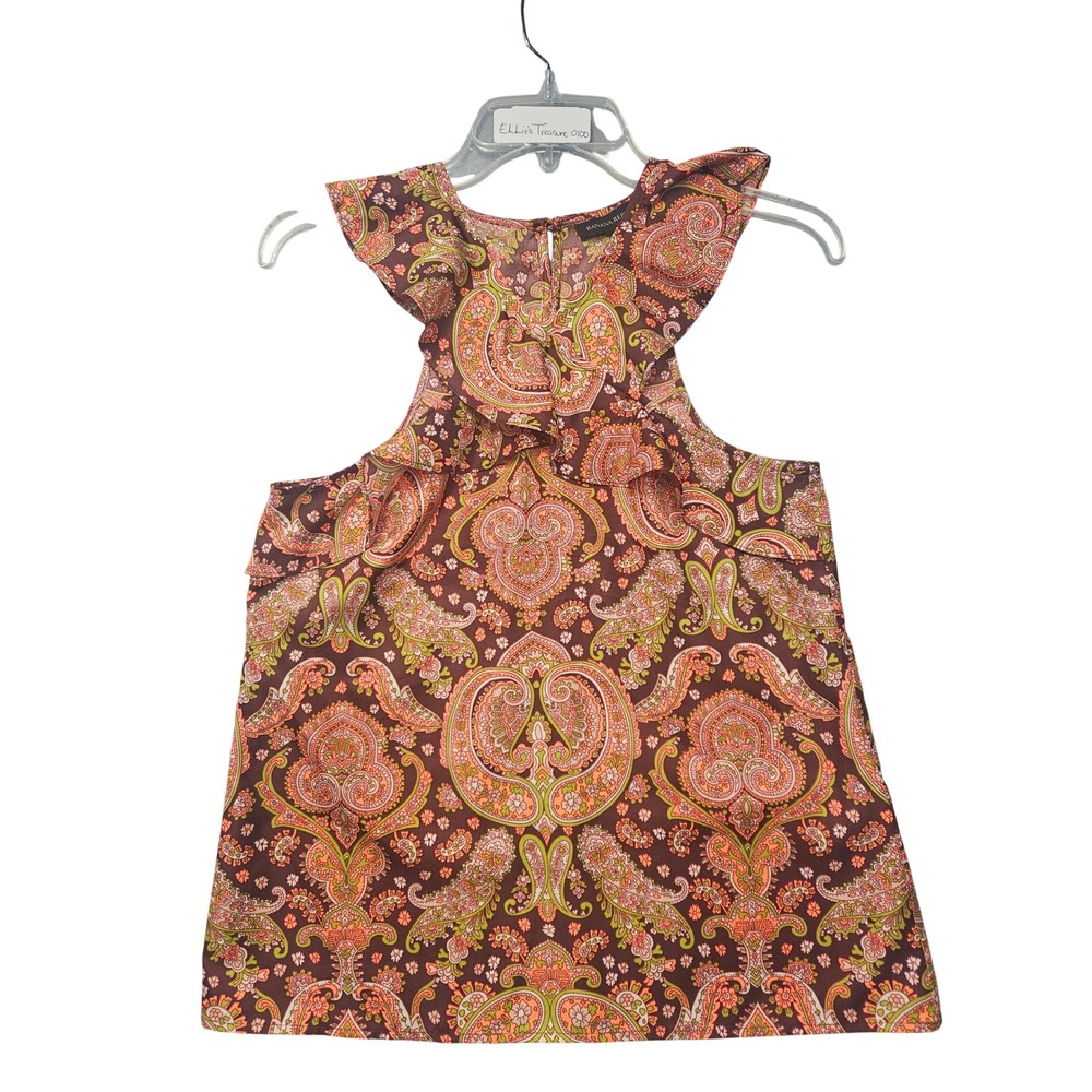 Banana Republic Womens XS Petite Paisley Ruffle Neck Sleeveless Blouse Brown